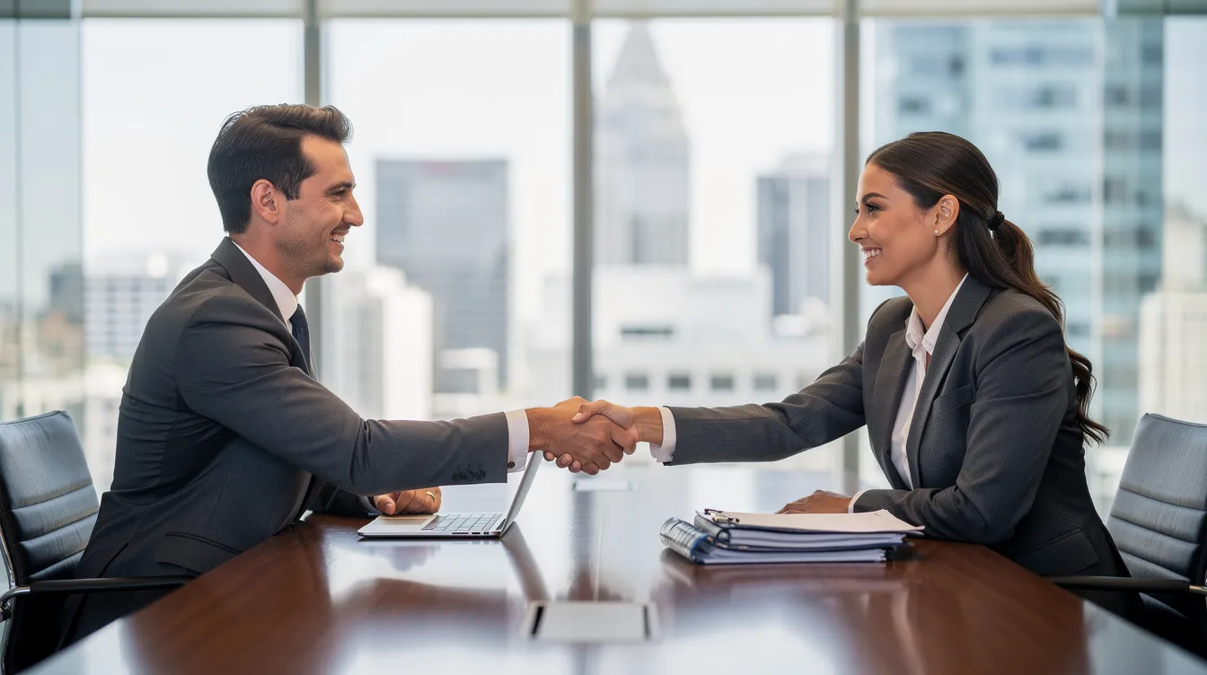 The image shows two business professionals shaking hands across a sleek meeting table in a modern office setting, symbolizing a successful partnership or agreement. Their attire reflects professionalism, and the bright, contemporary decor suggests a dynamic business environment, potentially related to 中小 企 貸款 opportunities.