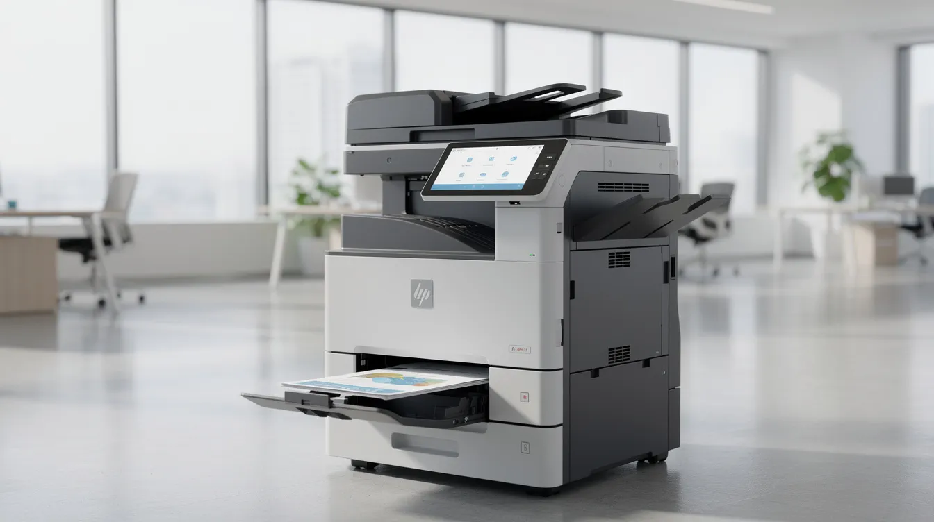 A modern multifunction copier sits prominently in a bright, clean office, illuminated by natural light, symbolizing productivity and efficiency for businesses. This machine is essential for various printing tasks and may require regular copier maintenance and printer repair services to ensure optimal performance.