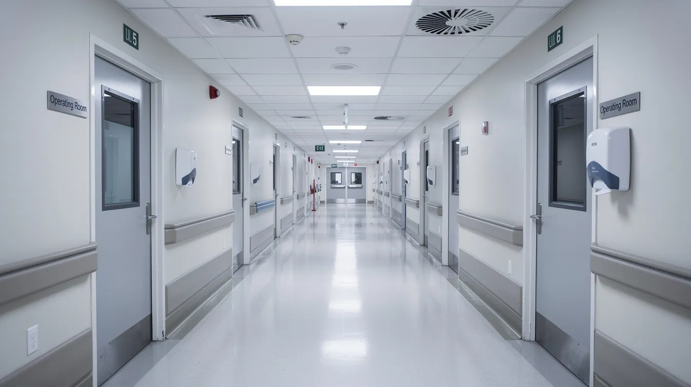 The image depicts a brightly lit hospital hallway with several doors leading to operating rooms, emphasizing the surgical environment where medical professionals perform surgical procedures. This setting highlights the importance of strict safety protocols to prevent surgical errors and ensure patient safety.