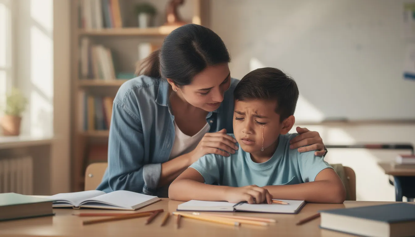 Ein Lehrer sitzt neben einem weinenden Schüler und bietet ihm Unterstützung an, während er beruhigend spricht. Diese Szene zeigt die wichtigen Kompetenzen einer Lehrkraft im Umgang mit emotionalen Herausforderungen im Bildungsbereich.