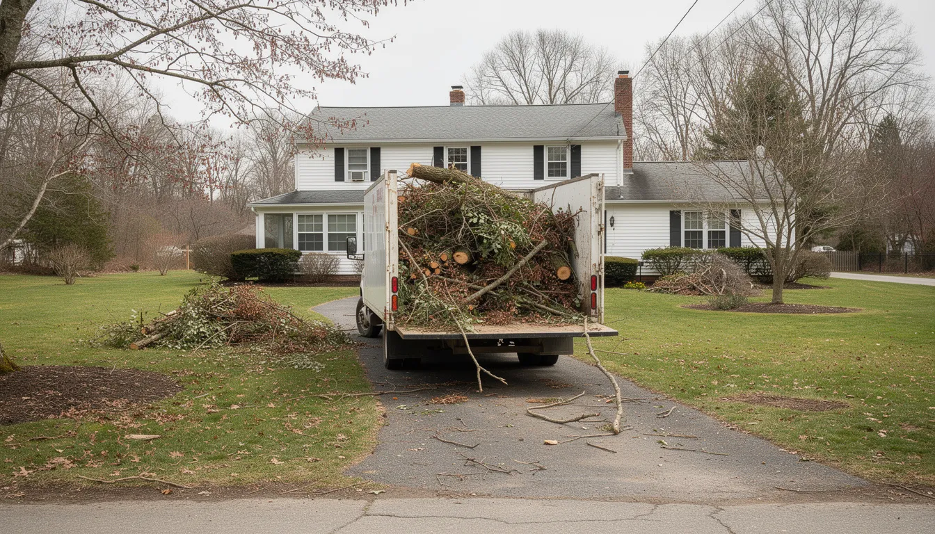 A junk removal truck is parked in a Connecticut driveway, filled with branches, yard waste, and debris, ready for yard waste collection. The truck showcases the hard work of residents managing their yard waste, including tree limbs and grass clippings, for proper disposal.