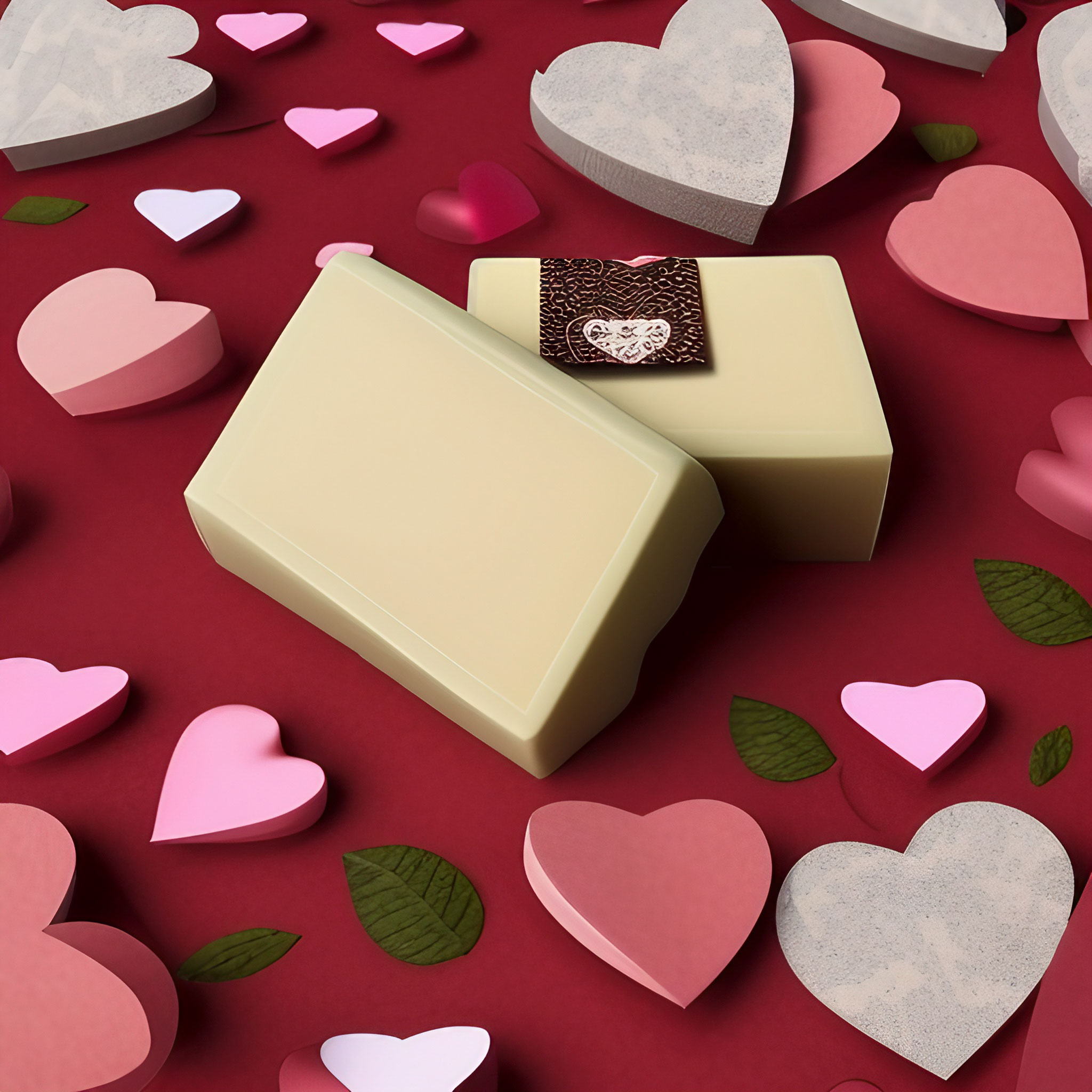 moisturizing Valentine soap with hearts on red table 