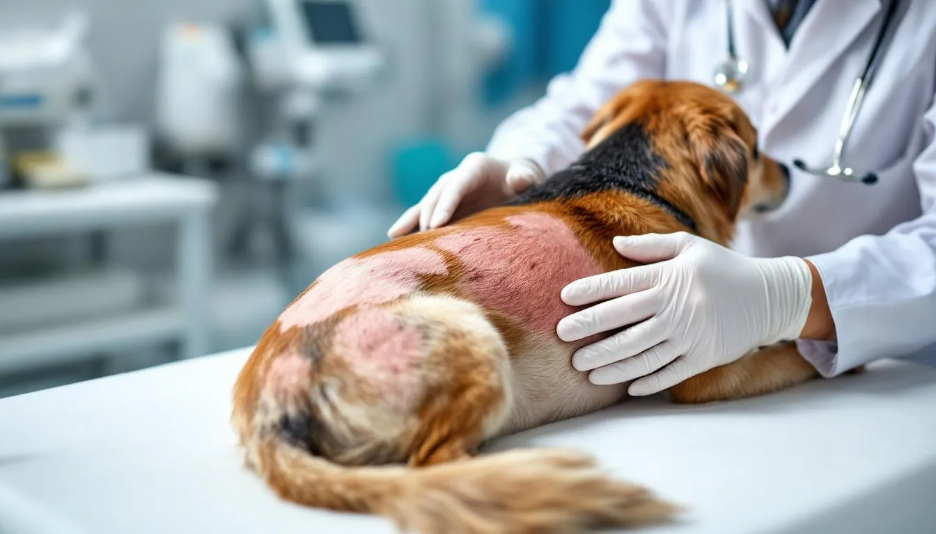 A veterinarian is closely examining a dog