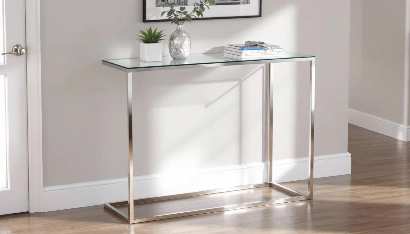 A sleek glass console table with a metal frame stands elegantly in a modern entryway, providing a stylish and functional piece of furniture perfect for holding keys and decorative items. This console table adds a touch of sophistication to the space while complementing the overall decor of the home.