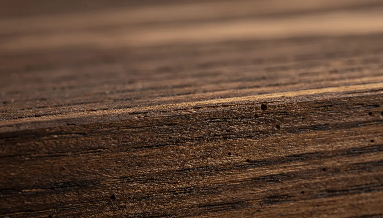 Close-up van donkerbruin thermisch gemodificeerd hout met een fijne nerf en warme tinten, perfect voor houten gevelbekleding. Dit hout heeft unieke eigenschappen door de thermische modificatie, wat bijdraagt aan de duurzaamheid en een strakke uitstraling van de gevel.