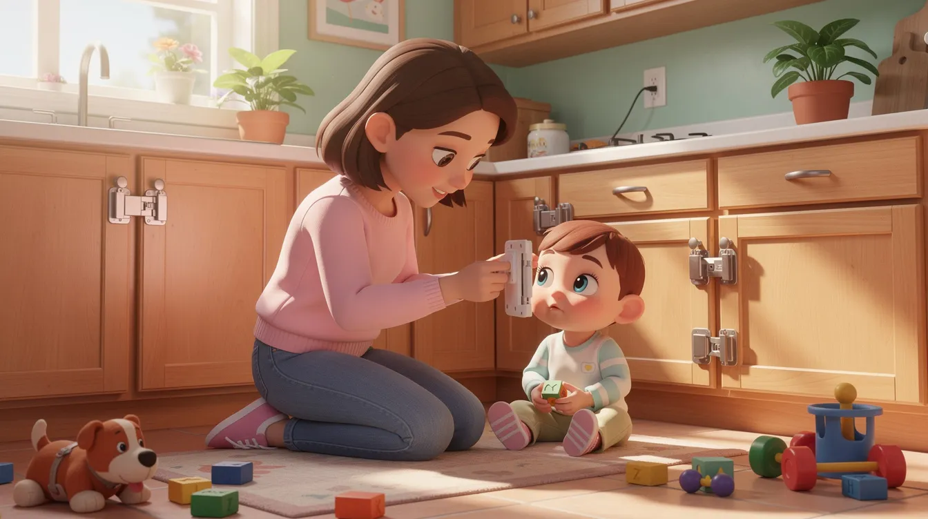 A parent examining childproof locks for cabinets and drawers.