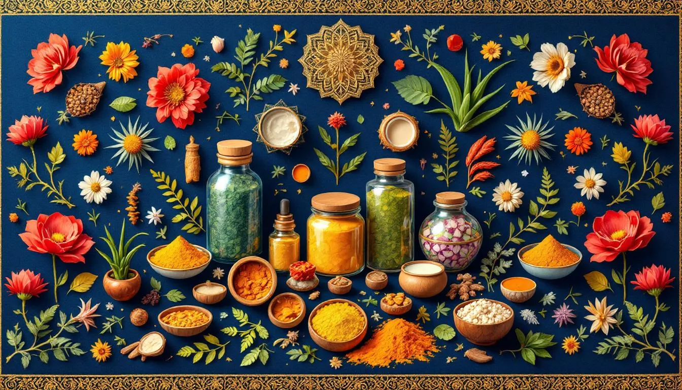 A vibrant display of herbal cosmetic products representing the booming market for ayurvedic cosmetics in India.