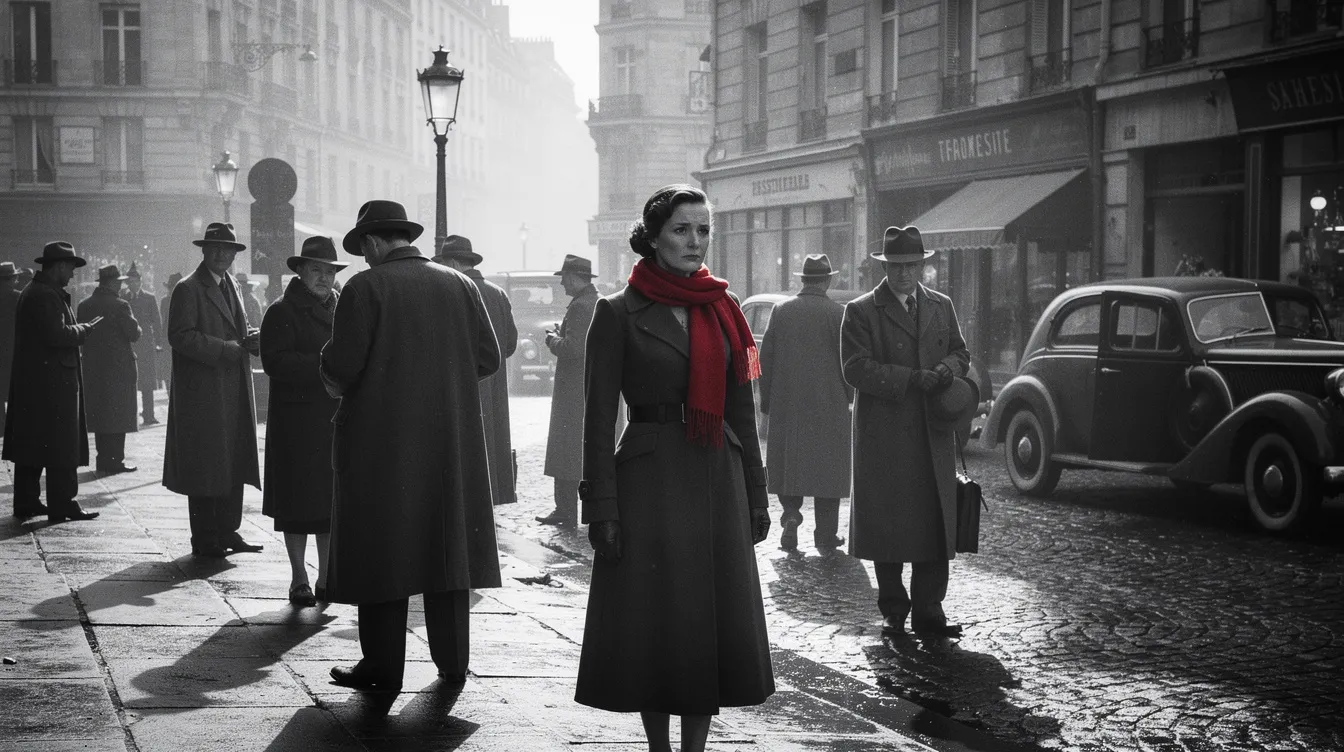 Das Bild zeigt eine Schwarzweißszene aus einem historischen Drama, das in einer Stadt der 1940er Jahre spielt. Dramatisches Licht fällt auf die Menschenmenge, während ein einzelnes farbiges Detail, möglicherweise ein Kleidungsstück oder ein Accessoire, die Aufmerksamkeit auf sich zieht und die Atmosphäre dieser Zeit verstärkt.