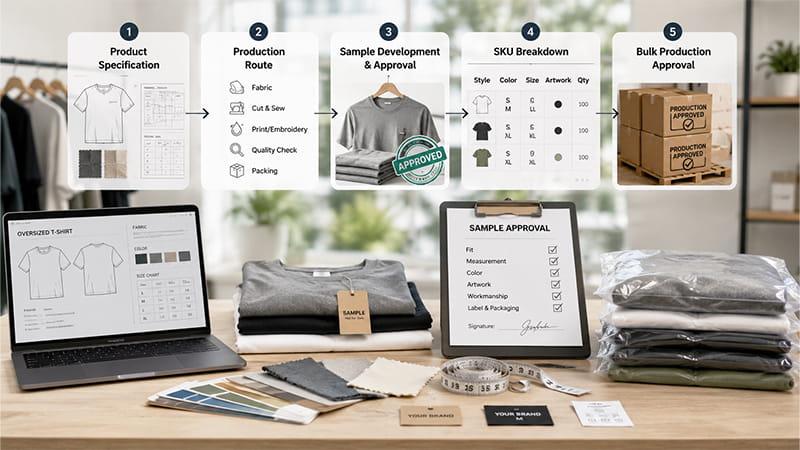 Clothing production workflow from product specification and sample approval to SKU breakdown and bulk production