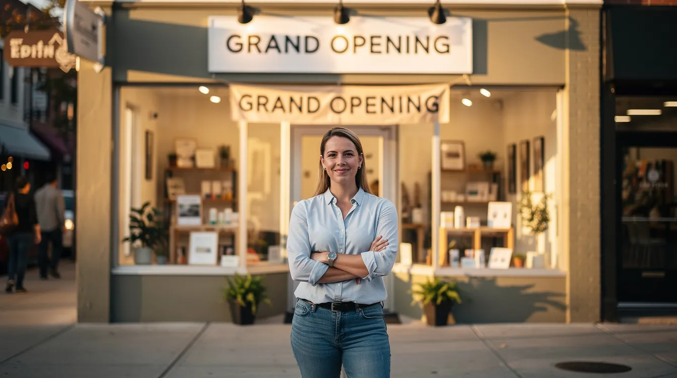 b1edbf76 61f2 4931 9f12 24dbb7898875 A confident small business owner stands proudly in front of their newly opened shop, showcasing their entrepreneurial spirit. The image captures the essence of small business success, reflecting the hard work and dedication that goes into managing a micro enterprise, which may involve navigating financial institutions for loans and understanding project report formats.