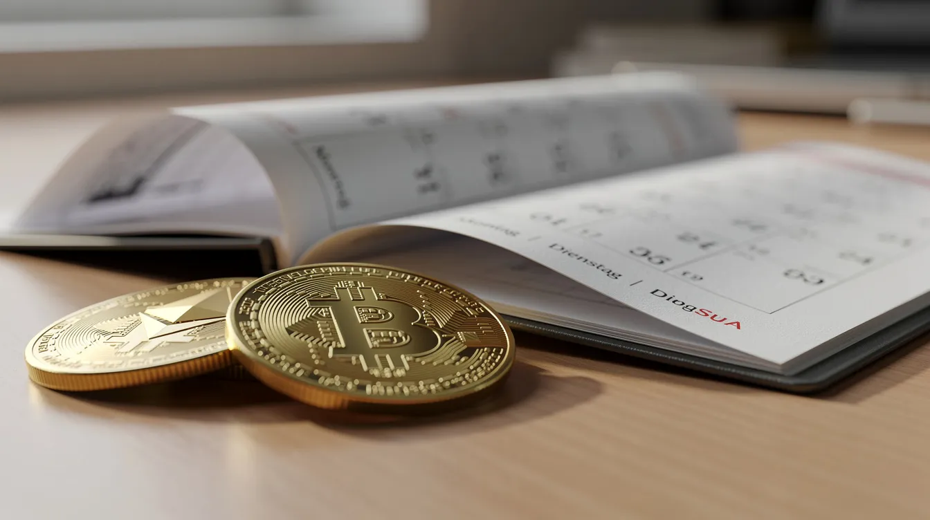 Die Nahaufnahme zeigt goldene Bitcoin- und Ethereum-Münzen, die neben einem aufgeschlagenen Kalender auf einem Schreibtisch liegen, was auf die wichtige Thematik der Krypto-Steuern und der einjährigen Haltefrist hinweist. Diese Darstellung könnte Krypto-Anleger daran erinnern, die geltenden Regelungen zur Besteuerung von Kryptowährungen zu beachten.