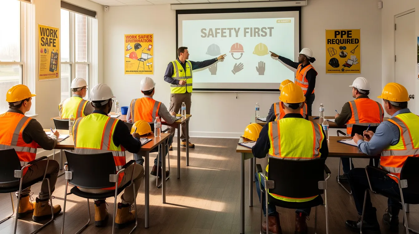 The image shows a group of construction workers participating in a safety training session, all wearing high-visibility vests. This training emphasizes the importance of liability insurance and safety protocols in the construction industry to protect against workplace injuries and financial losses.