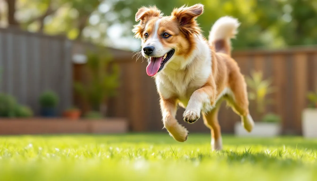 A healthy senior dog is joyfully playing in a lush yard, showcasing a vibrant quality of life, which is important for dogs, especially those at risk for kidney disease. This image highlights the importance of maintaining good kidney function and overall health in older dogs.