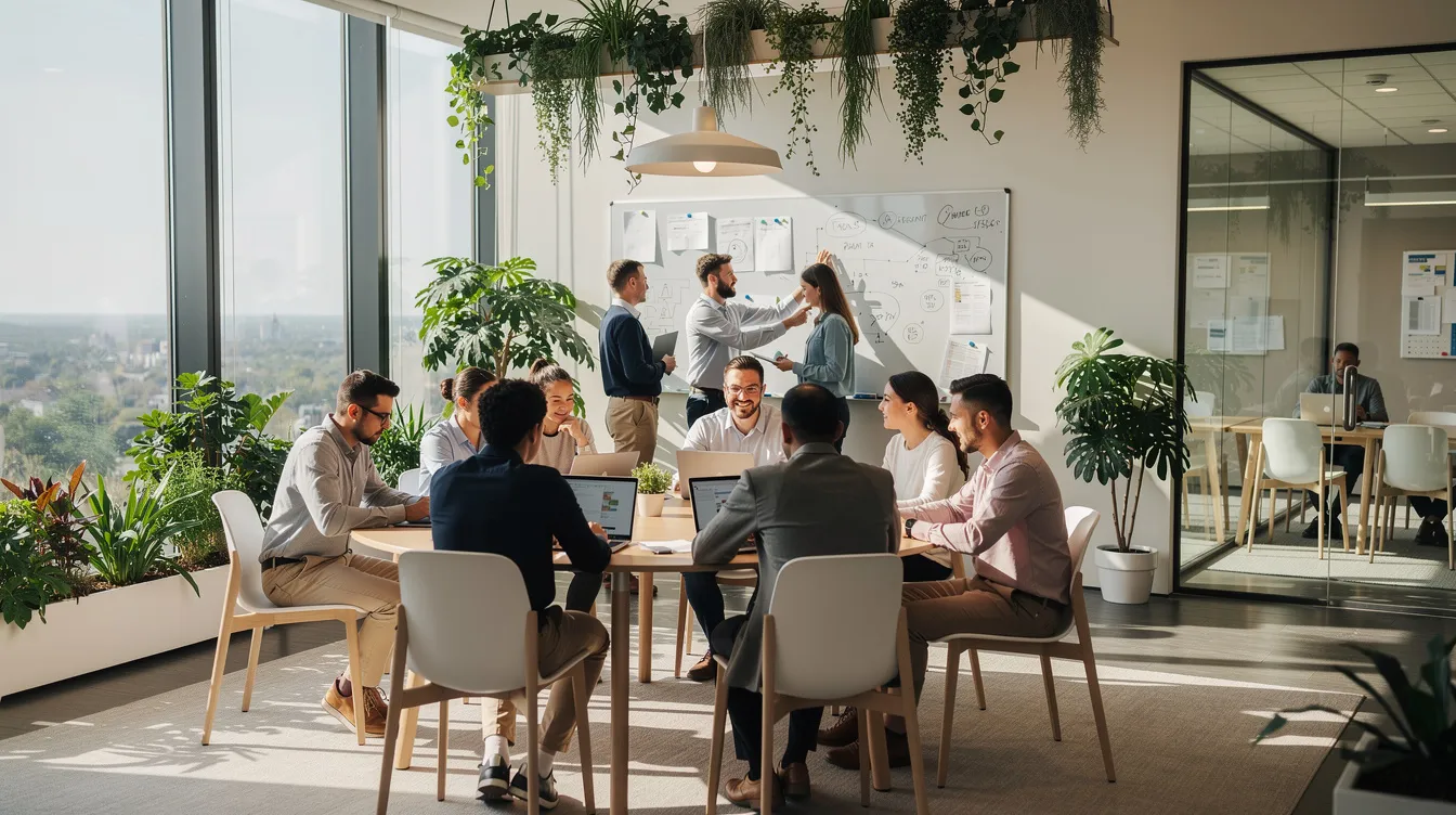 A team of highly skilled marketing professionals, including social media managers and digital marketing specialists, collaborates at laptops in a bright, modern workspace adorned with plants and whiteboards. This vibrant environment fosters real-time collaboration as they work towards achieving business objectives and managing content marketing strategies.