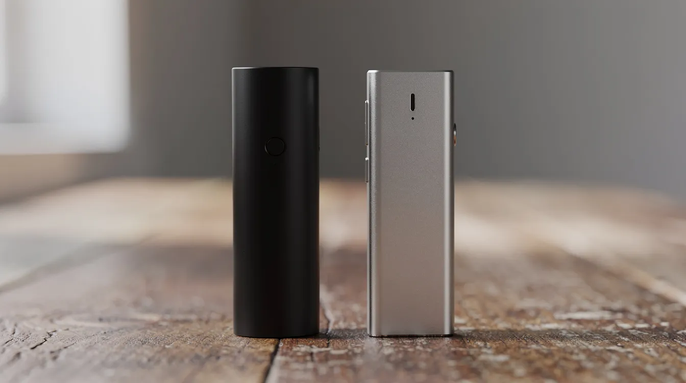 Auf einer Holzoberfläche liegen zwei tragbare Vaporizer-Geräte nebeneinander. Diese Venty Vaporizer von Storz & Bickel sind bekannt für ihre hohe Dampfqualität und Benutzerfreundlichkeit, ideal für Solo-Sessions oder den Alltag.