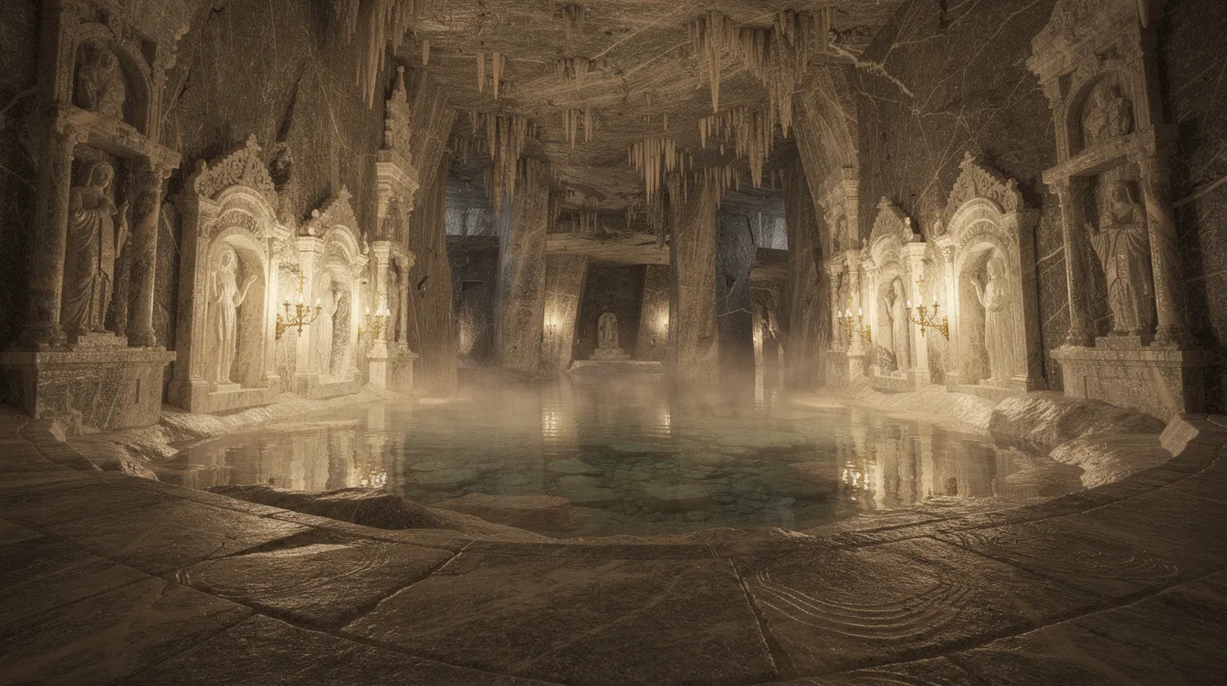 A imagem mostra o interior iluminado de uma câmara subterrânea nas Minas de Sal de Wieliczka, com esculturas detalhadas feitas de sal e um lago cristalino refletindo a luz suave do ambiente. Este local é um importante destino turístico na Polônia, conhecido por sua beleza e história.