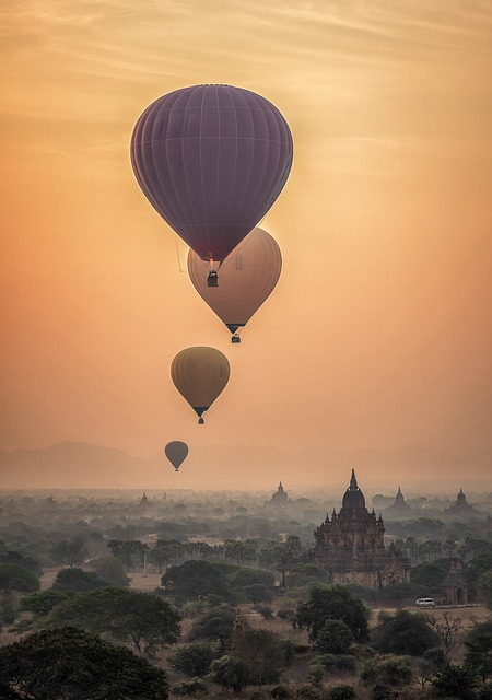 hot air balloons, bagan, sunset