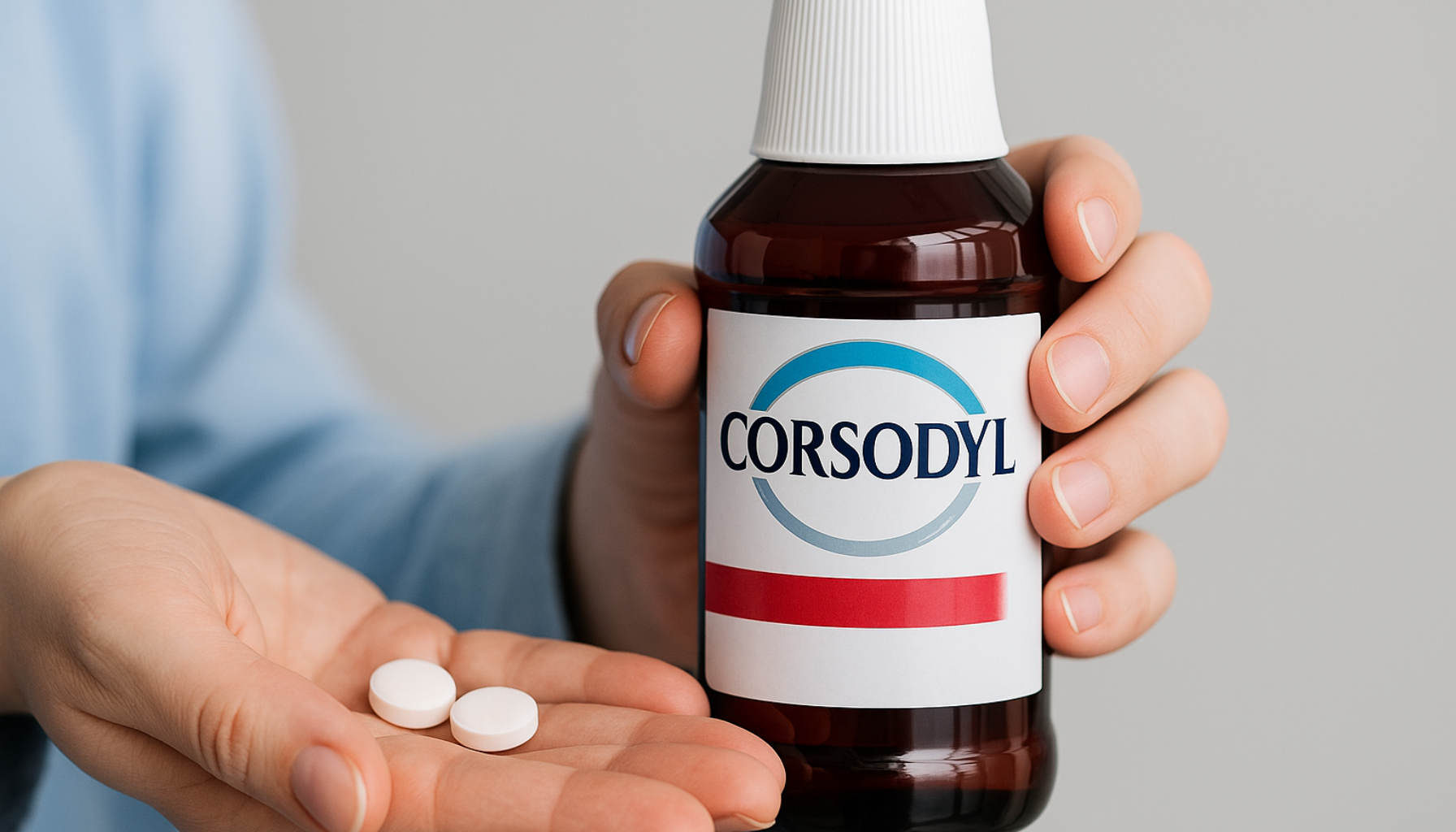 Hender som holder Corsodyl munnskyll og to hvite tabletter, mot grå bakgrunn i en klinisk og ren setting.