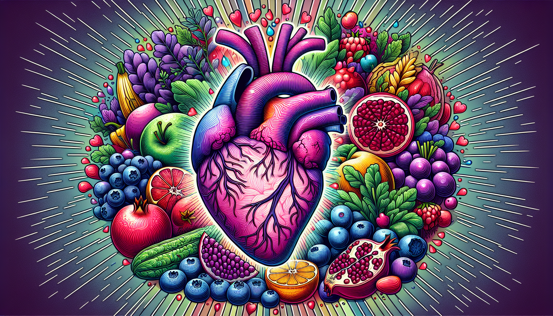 Heart and brain surrounded by various fruits and vegetables