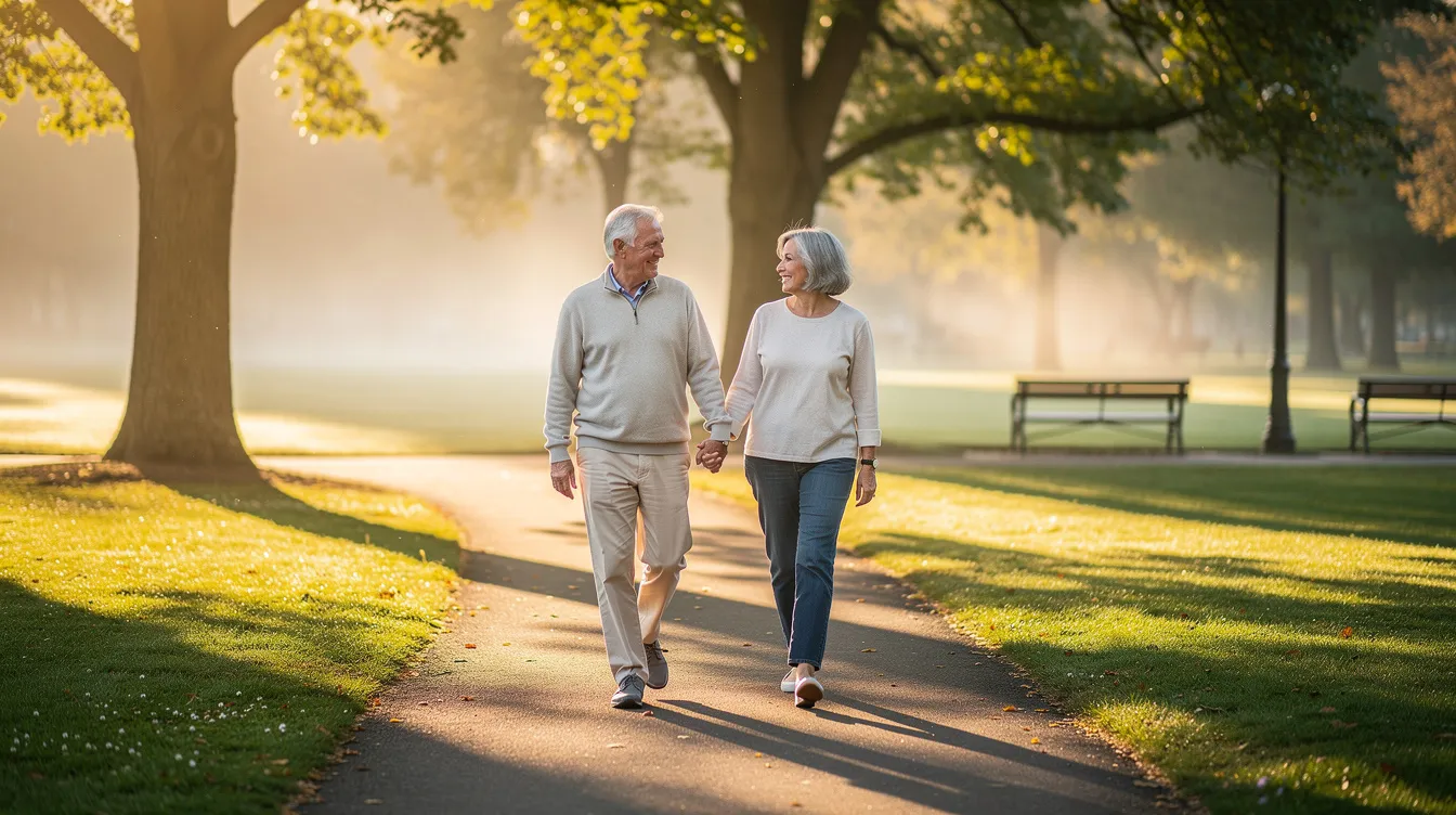 The image shows a senior couple walking hand-in-hand in a sunlit park during the morning, surrounded by greenery and blooming flowers. Their joyful expressions reflect a commitment to an active lifestyle, which is essential for maintaining physical health and enhancing quality of life as they age.