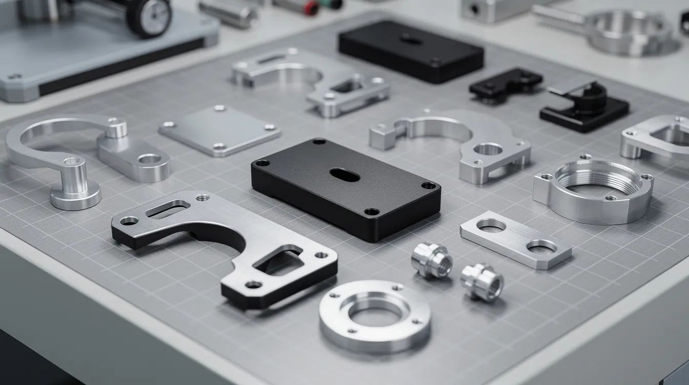 The image features precision machined aluminum parts with a sleek anodized finish, meticulously arranged on an inspection table, showcasing the high-quality standards typical of ISO 9001 certified CNC machining services. These precision components highlight the advanced engineering capabilities of top CNC machining companies and their commitment to strict quality control.