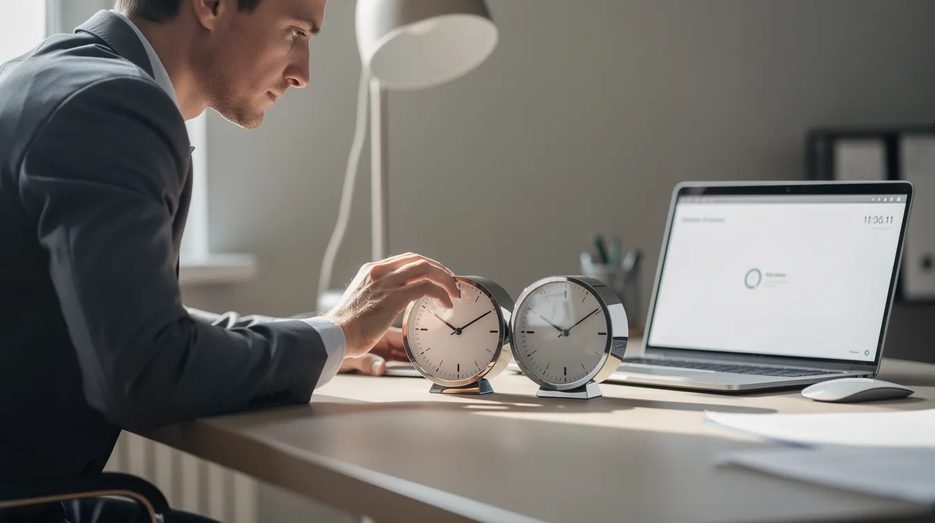A person is checking two clocks on a desk that display different times, indicating the time difference between the United Kingdom and Pakistan. Nearby, an open laptop suggests they may be preparing for a conference call, possibly comparing or converting local times for scheduling purposes.