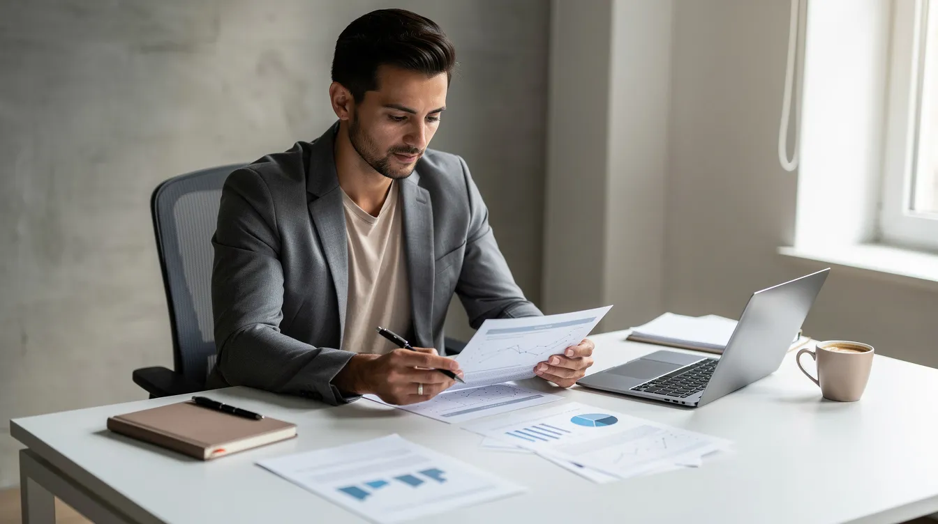 b1fa9bbb 4626 4336 ba07 8d54baa12b22 A confident small business owner is seated at a neat workspace, reviewing important documents such as bank statements and a basic business plan in preparation for an upcoming meeting. The organized environment reflects a focus on business operations and financial assistance, essential for securing a mudra loan or other business financing options.