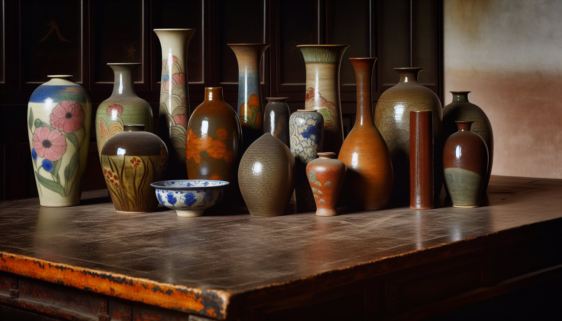 Various ceramic vases on a wooden table