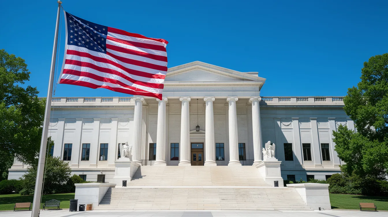 The image depicts a government building with an American flag waving proudly in front, set against a clear blue sky. This scene symbolizes the legal landscape surrounding cannabis, including the role of the Nevada Cannabis Compliance Board in regulating adult use cannabis and medical marijuana within state law.