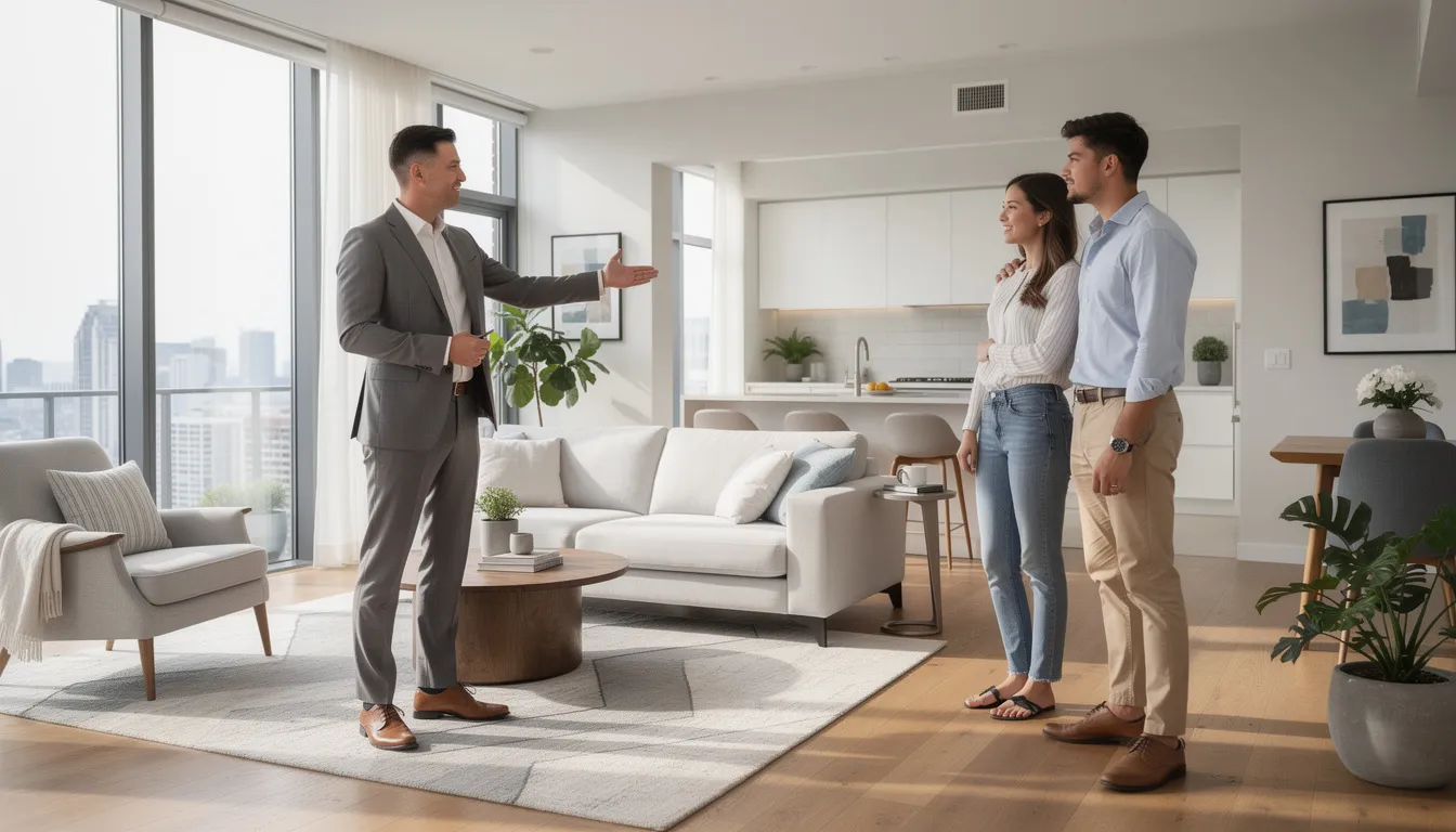 A professional real estate agent is showcasing a charming waterfront property to a young couple in a bright living room, featuring large windows that offer stunning views of the picturesque landscapes of Connecticut's coastline. The scene captures the essence of coastal living, highlighting the scenic beauty and vibrant community life that the area offers.