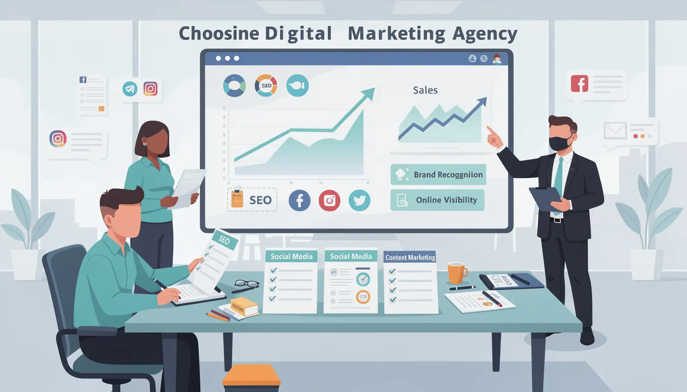 An image depicting a business team engaged in a discussion about selecting the right digital marketing agency, emphasizing their focus on strategies for increasing brand awareness and online visibility. The scene highlights the importance of expert guidance and tailored marketing efforts for small businesses aiming for growth and success in a competitive landscape.