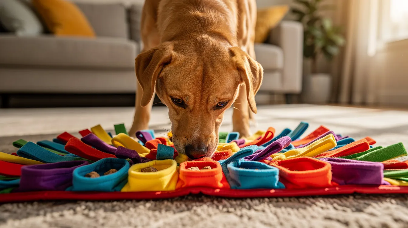 A joyful dog is sniffing and exploring a colorful snuffle mat scattered with treats on the living room floor, showcasing its playful nature. This engaging activity can help promote healthy hips and prevent conditions like hip dysplasia in dogs, particularly in larger breeds.