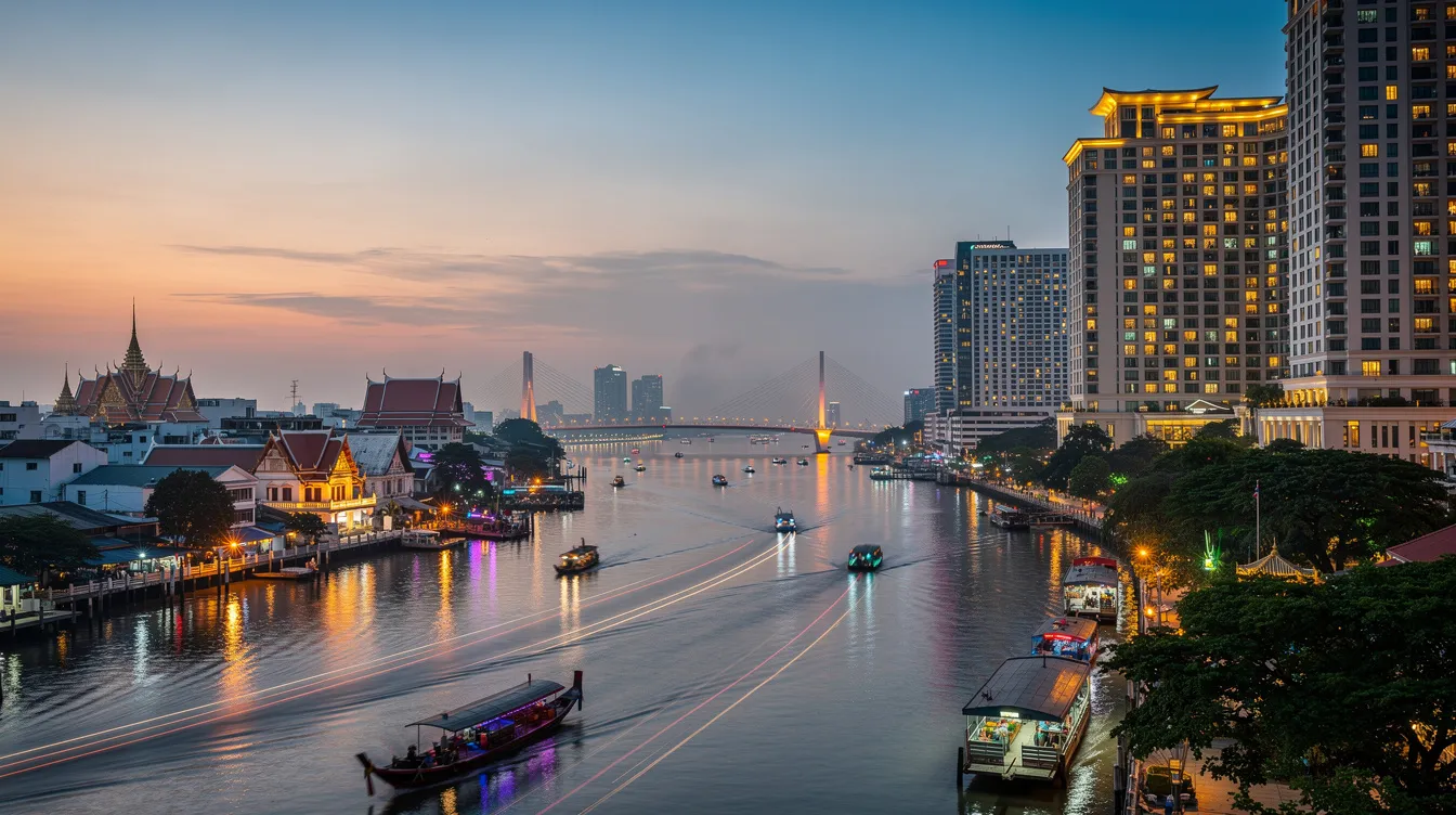 A imagem mostra o rio Chao Phraya em Bangkok, Tailândia, com barcos típicos navegando e a vista de templos budistas ao fundo, refletindo a rica história e cultura do sudeste asiático. Turistas e moradores se movimentam pelo local, criando um ambiente vibrante e dinâmico.