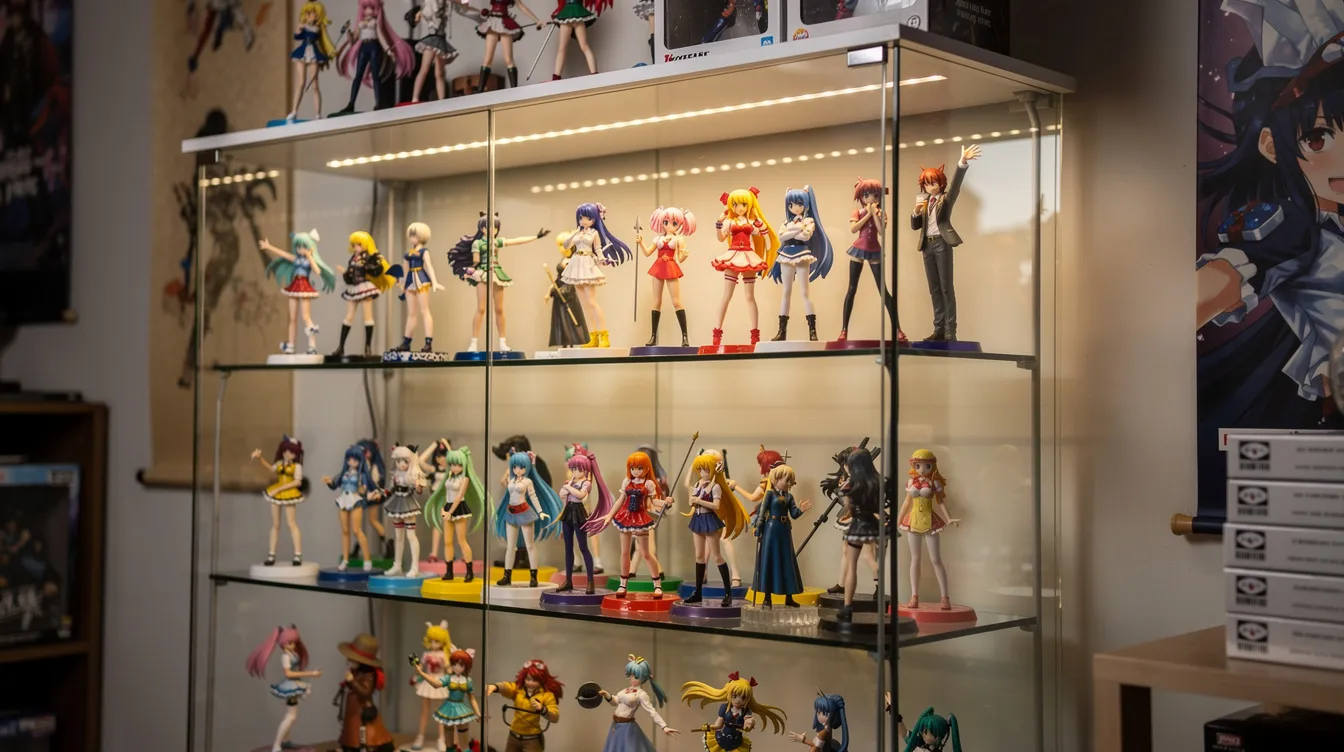 The image shows a glass shelf filled with vibrant anime figures, showcasing various characters from popular series like Dragon Ball, creating a visually stunning display for any anime fan's collection. This collector room highlights the passion for authentic anime merchandise, making it an ideal spot for browsing and purchasing new additions to one's hobby.