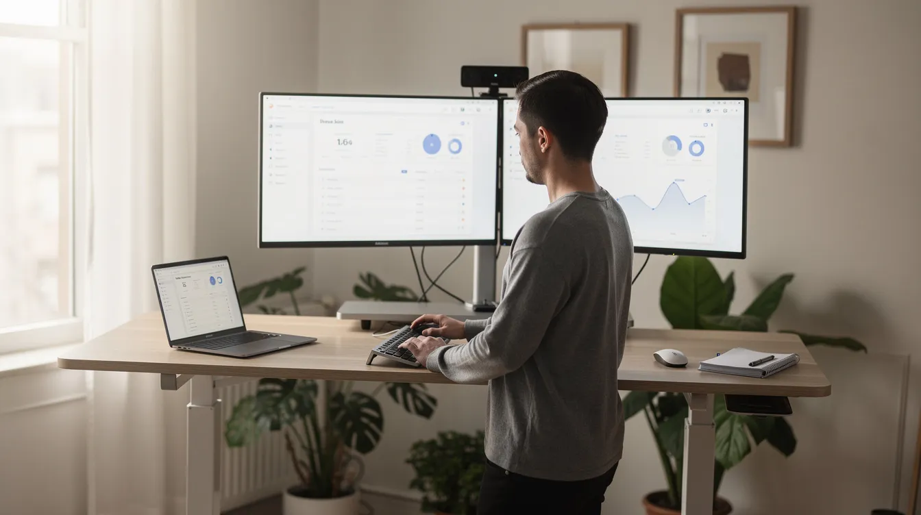 A person is working remotely from home at a standing desk, equipped with dual monitors displaying various medical billing and coding tasks. The setup reflects a professional environment conducive to processing patient data and managing medical records efficiently.