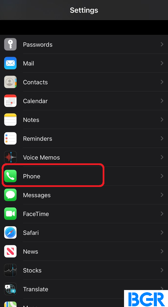 Phone settings on iPhone