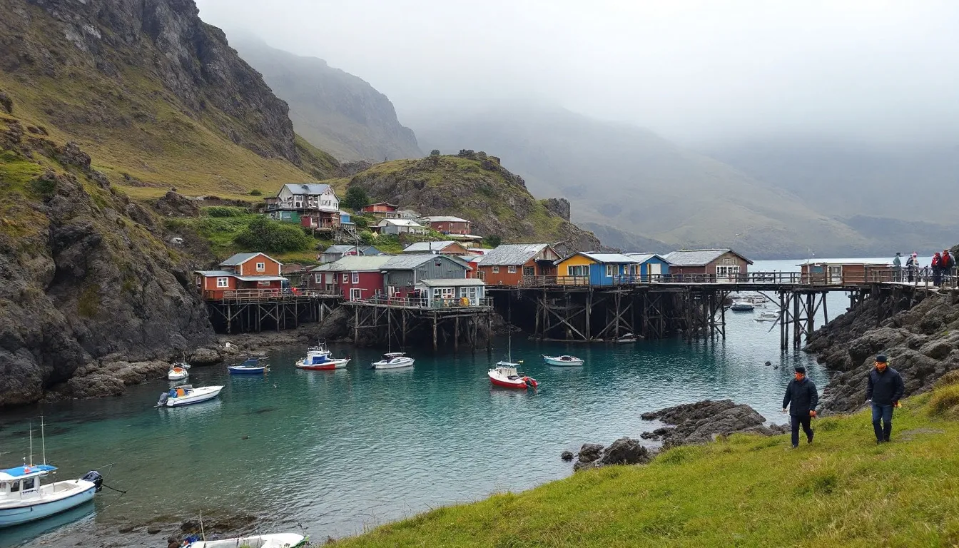 La imagen muestra el pintoresco pueblo de Caleta Tortel, en la Patagonia chilena, con sus característicos pasarelas de madera que conectan las casas sobre el agua. Al fondo, se pueden ver los bosques densos y montañas que rodean este lugar, reflejando la belleza natural de la región de Aysén.