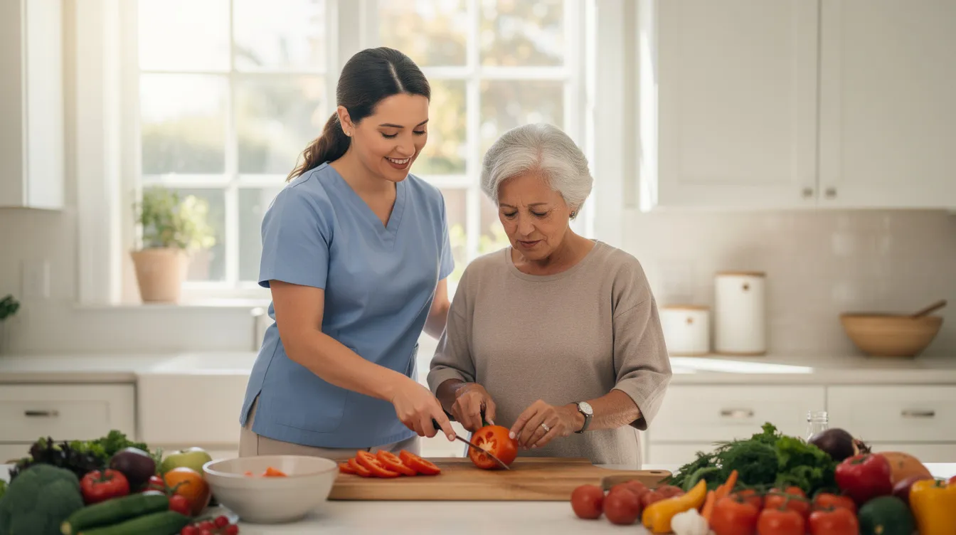 A caregiver is assisting a senior in a bright kitchen, preparing a meal together. This scene highlights the importance of home health services, such as personal care and meal preparation, which can enhance the quality of life for seniors in their own homes.