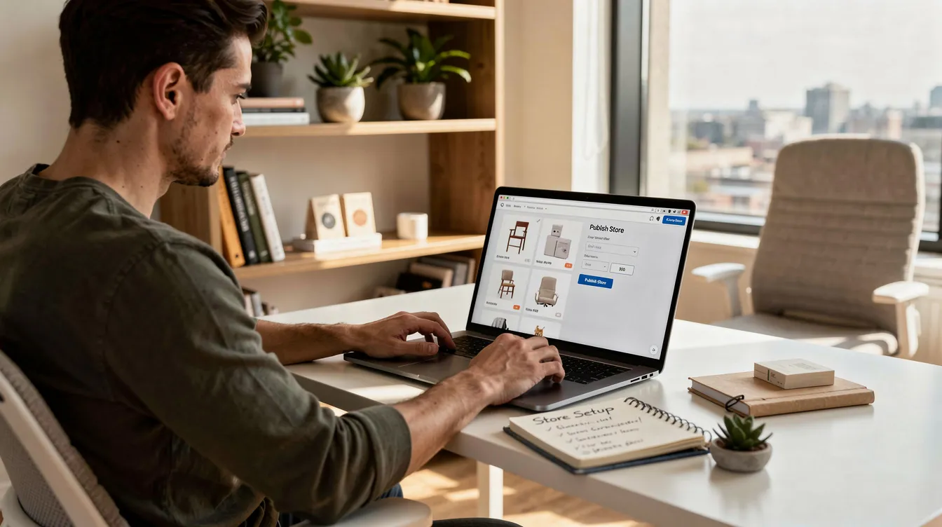 A person is sitting at a modern desk in a stylish home office, intently setting up an online store on their laptop. The workspace is equipped with various tools, showcasing the ease of using an AI store builder to create product pages and start selling in just a few clicks.