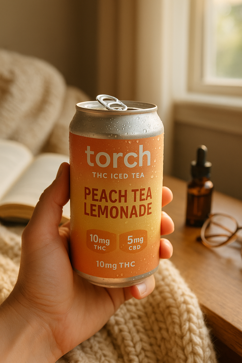 A hand holds a cold can of Torch THC Iced Tea in the Peach Tea Lemonade flavor, showing condensation on the surface. In the background, there's a cozy blanket, an open book, a small bottle of CBD oil, and eyeglasses, all bathed in warm natural light near a window.