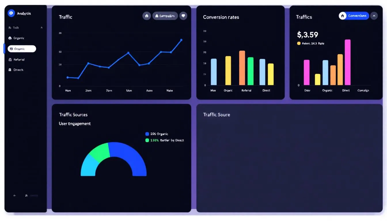The image displays a dashboard featuring website analytics, highlighting key metrics such as conversion rates and traffic graphs, which are essential for evaluating search engine optimization (SEO) efforts and improving website performance. Various data points are presented, offering a quick overview of SEO performance and conversion benchmarks for different industries.