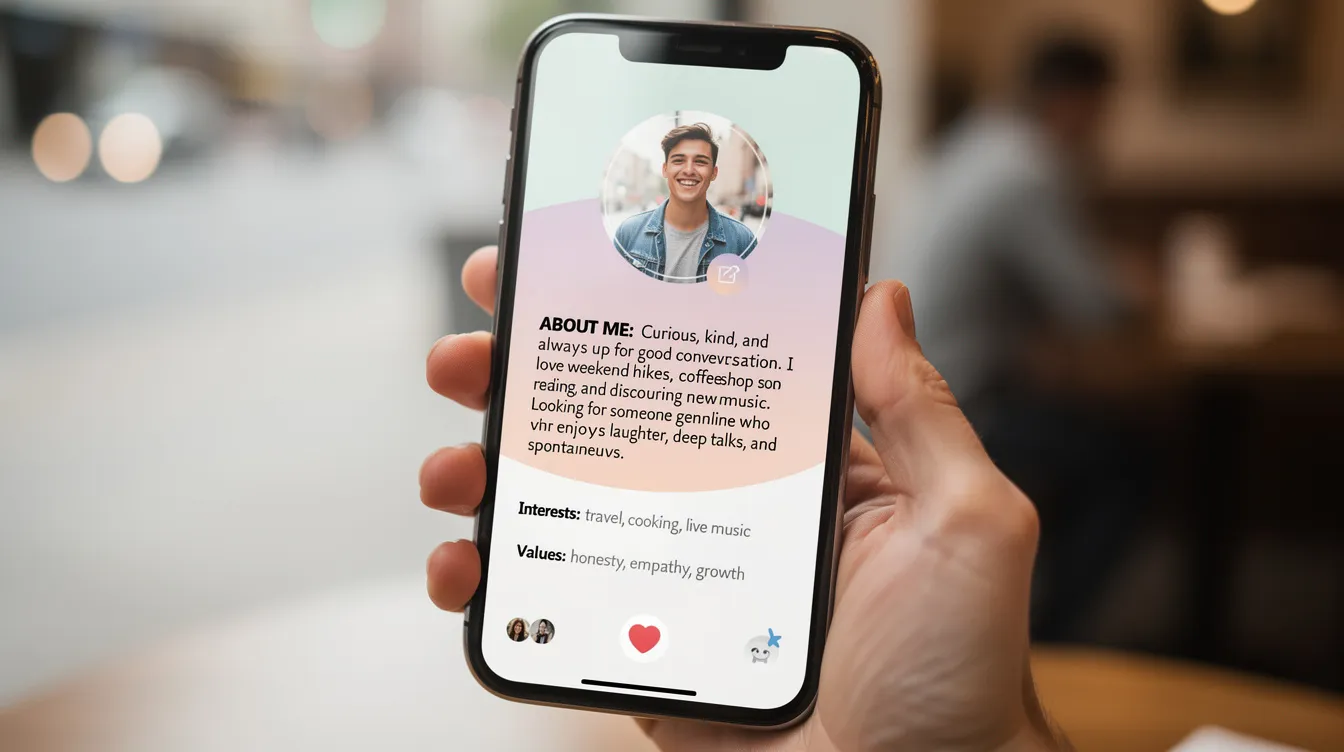 The image depicts a dating app profile bio filled with vibrant and engaging text, showcasing the individual's personality and what they want in a partner. It highlights their fun-loving nature and includes a mix of personal interests and relationship goals, aiming to create a genuine connection in the online dating world.