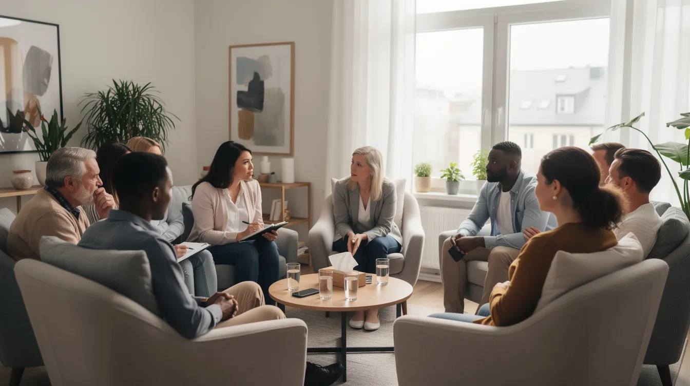 The image depicts a diverse group of individuals engaged in a group therapy session, sitting in a circle within a bright, welcoming room. This setting emphasizes the importance of mental health and personalized treatment strategies in fostering supportive patient care.