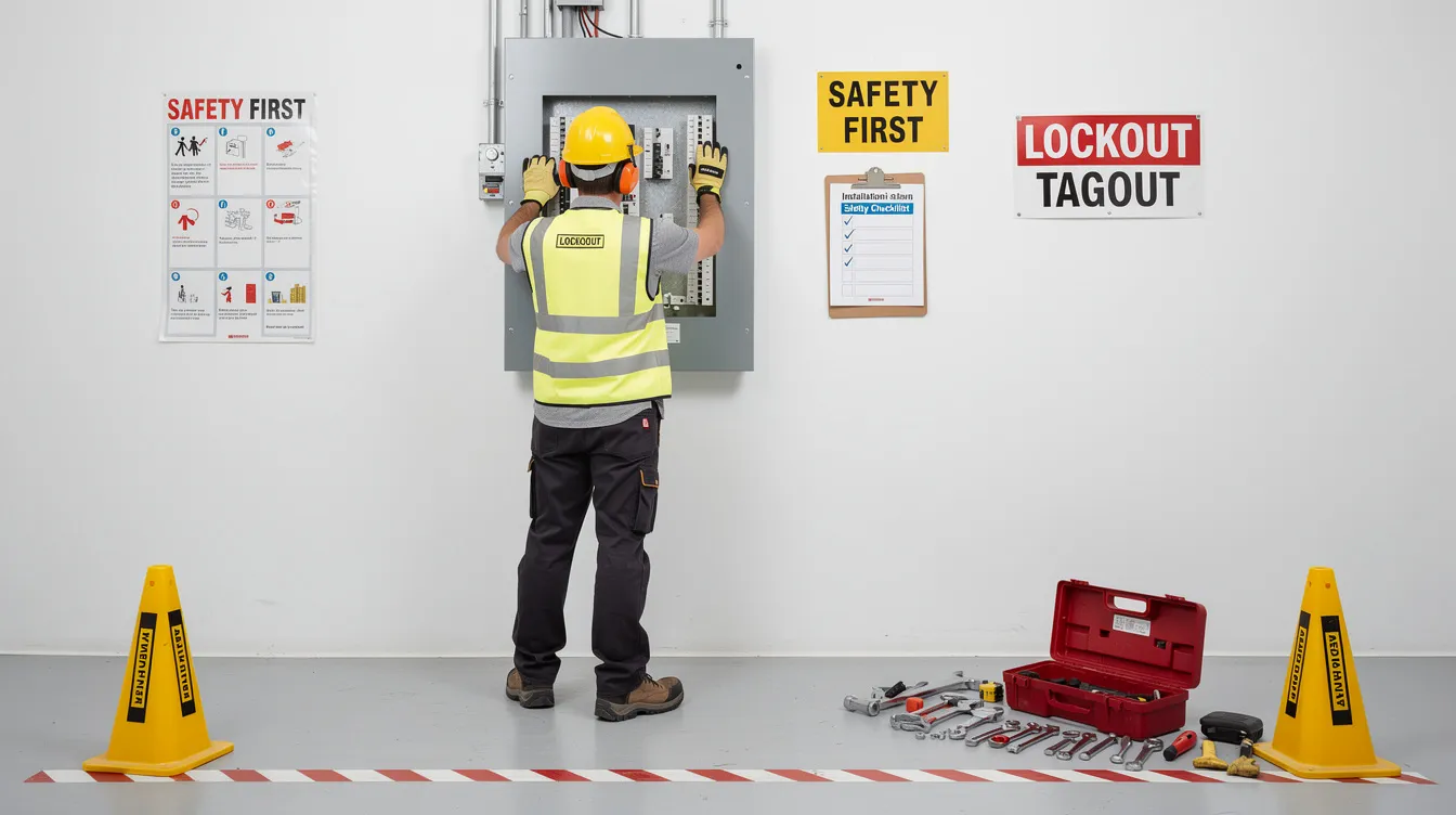 The image depicts the installation of a heavy home safe, showing pre-drilled holes in a concrete floor where the safe will be securely bolted to protect valuable possessions from determined thieves. Tools like a drill and wrench are visible, emphasizing the easy installation process for ensuring maximum security against forced entry.