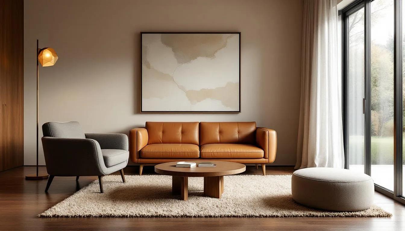 The image showcases a vibrant Mid-Century Modern interior, featuring bold geometric shapes and retro-inspired design elements that evoke nostalgia for bygone eras. The space combines vintage aesthetics with a modern twist, highlighted by vivid colors and timeless appeal, creating a harmonious blend of artistic expression and contemporary style.