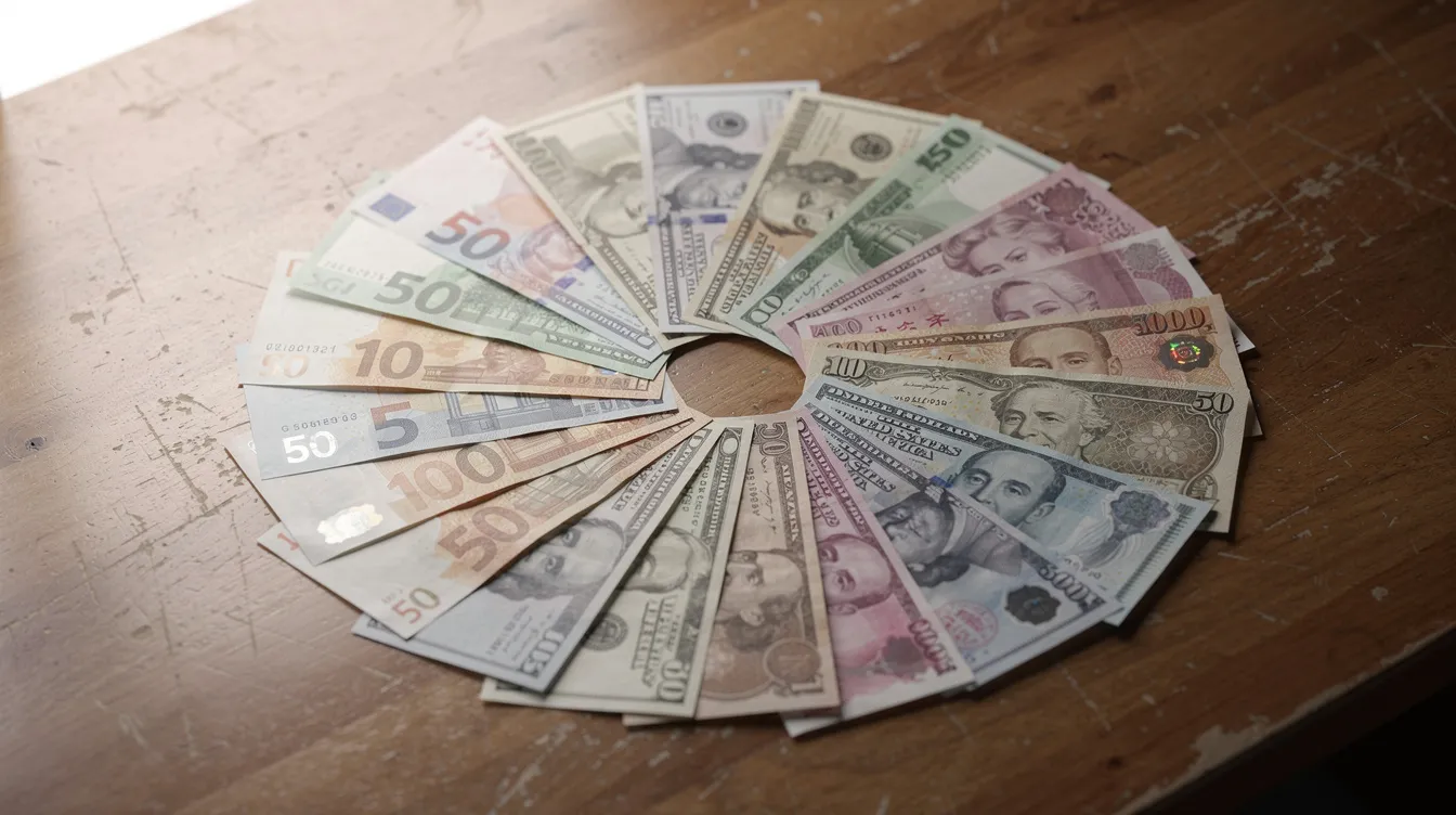 The image features a variety of international currency banknotes fanned out on a wooden desk, showcasing major currencies from different countries. This visual representation highlights the importance of multi currency accounts for businesses engaged in global payments and international transfers.