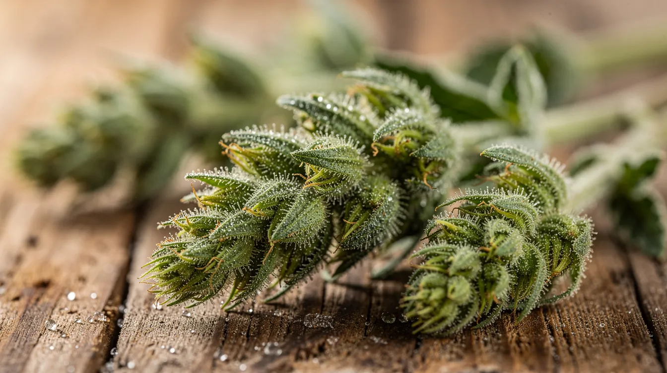 A close-up view of vibrant green cannabis flower buds is displayed on a natural wooden surface, showcasing the sparkling trichome crystals that coat the buds. This image highlights the beauty of cannabis plants, which are subject to various legal statuses, including thca legality and regulations surrounding recreational cannabis use.