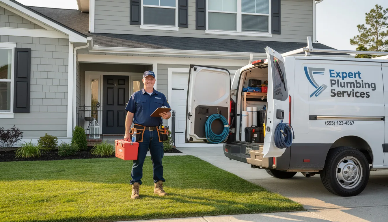 A professional plumber arrives at a residential home, parked in the driveway next to an equipment van, ready to address plumbing issues such as clogged drains and drainage problems. The plumber, part of a local drain cleaning company, is equipped with tools to restore proper flow in the plumbing system.