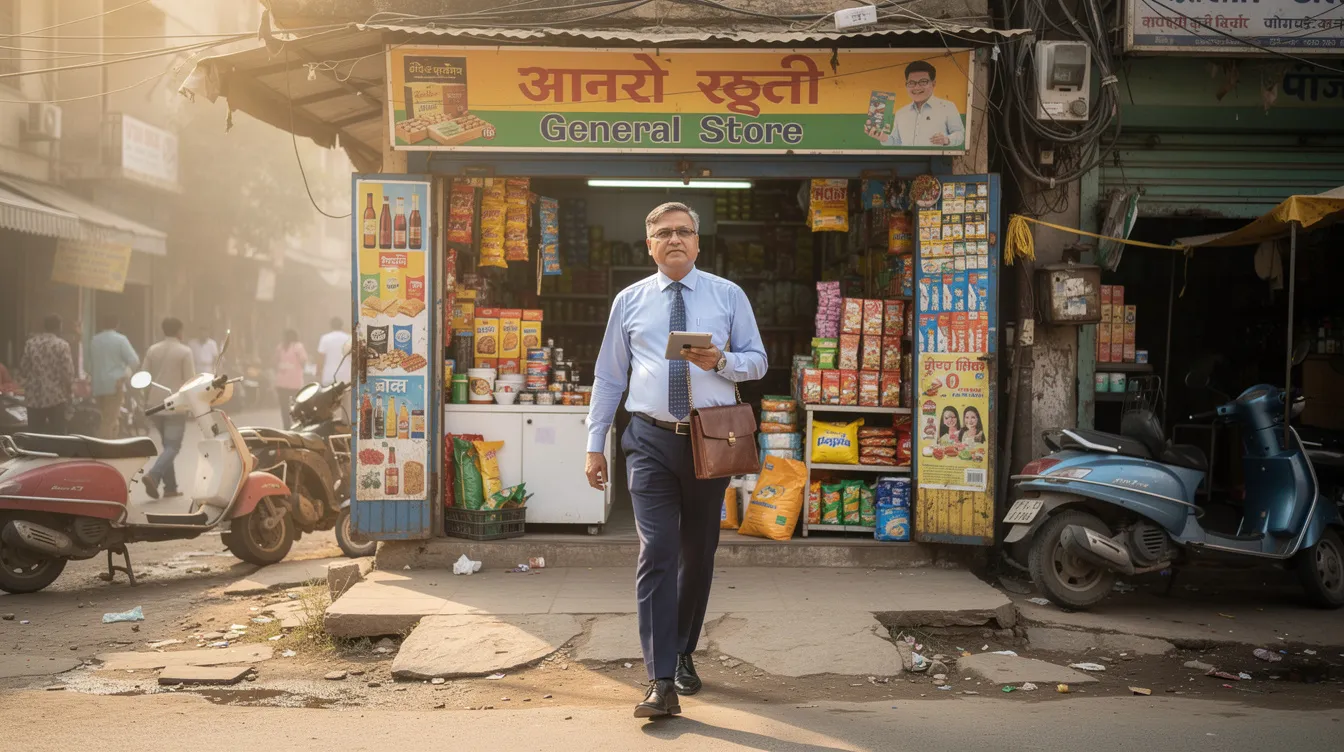 b20d4050 2e37 475b a8b3 5cc143a485d0 A bank officer in formal attire is walking towards a small retail shop in an Indian market, preparing for a business inspection visit related to the Pradhan Mantri Mudra Yojana. This visit may involve assessing the shop's eligibility for financial assistance through mudra loans to support small enterprises and enhance their cash flow.