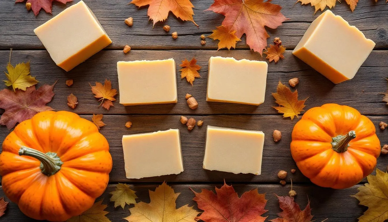 A beautifully arranged collection of seasonal goat milk soaps is displayed among vibrant autumn leaves and small pumpkins, showcasing a variety of scents and colors. The soaps, made with essential oils and coconut oil, highlight the cozy essence of fall.